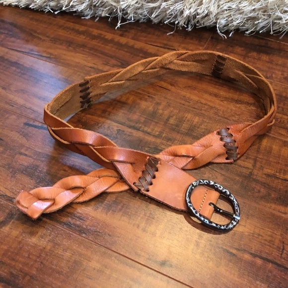 Vintage Bohemian Hippy Distressed Cognac Brown Woven Braided Leather Bel… main image 6